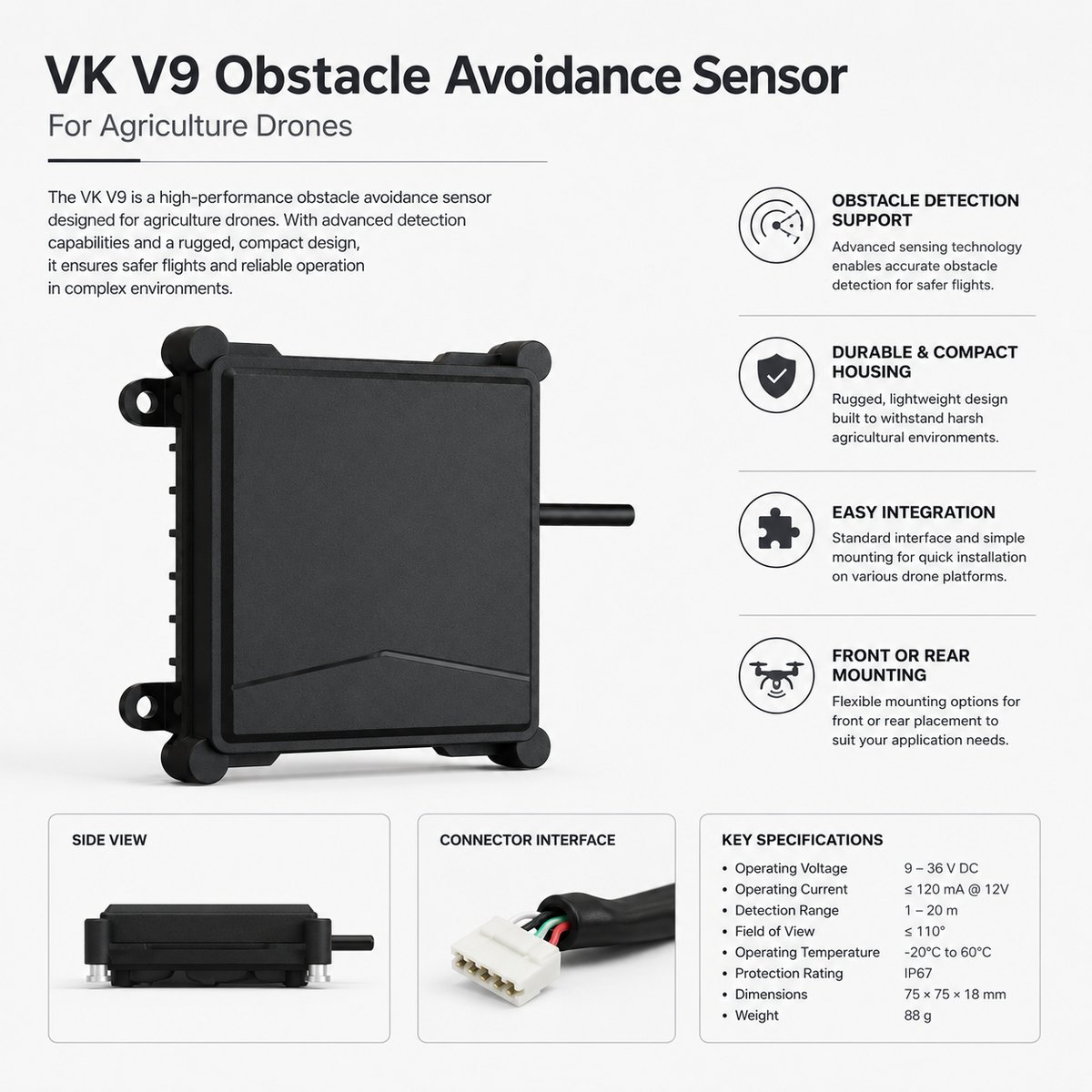 VK V9 Obstacle Avoidance Sensor for Agriculture Drones